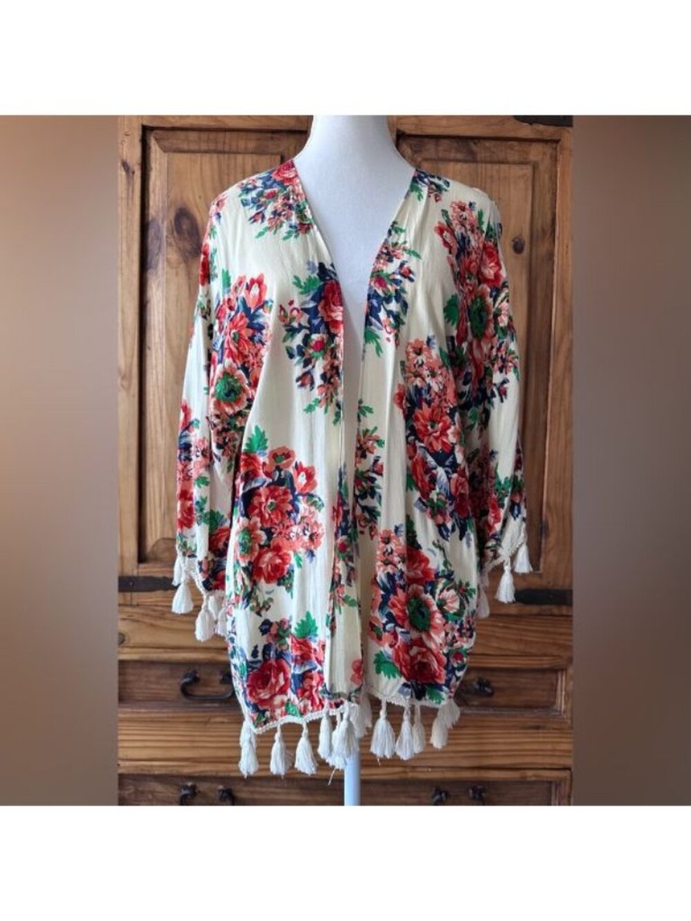 Floral Kimono Tassel Fringe Bohemian Romantic Feminine Red Pink Blue Flowers - S